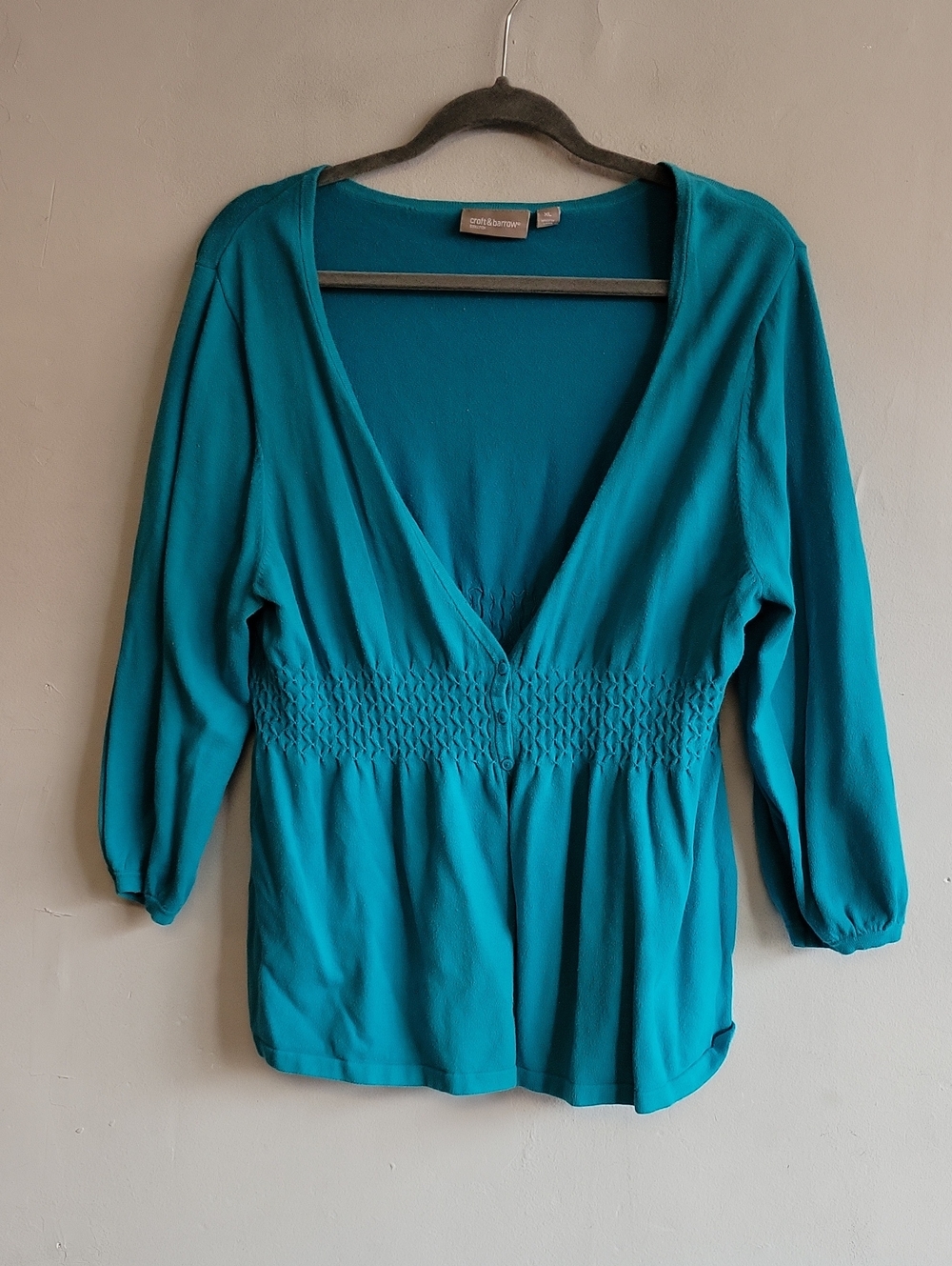 Women's XL teal blue v-neck smocked waist 3/4 sleeve shirt button up cardigan